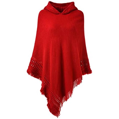 Ferand Womens Crochet Poncho with Fringe - Versatile Hooded Cape Shawl Wrap Poncho Sweater for Women - One Size Fits Most (XL or less)- Red Cover
