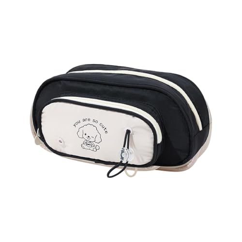 Image of Canvas School Bag Pencil Case, 3 Layer 6 Compartment Large Capacity, Aesthetic Pencil Pouch for Stationary, Cute Stationery for Kids, Pencil Case for Girls & Boys (Sweet Black)