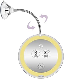 15X Magnifying Flexible Gooseneck Lighted Makeup Mirror,8 INCH LED Vanity Mirror with Light,Touch Senser 3 Colors and Stepless Dimming,Suction Cup,for Shower Bathroom Shaving Or Portable Traveling