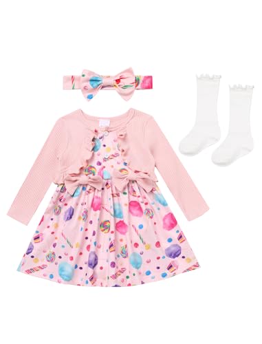 ODASDO Newborn Infant Baby Girls Fall Winter 1st Birthday Outfit Cow/Floral Printed Long Sleeve Dress Headband Socks Set