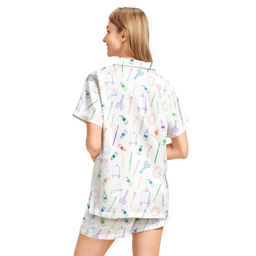 Image of Funny Pajamas for Women Set Print Satin Loungewear Pjs Short Sleeve Button Down Top and Shorts Sets Sleepwear XS-3XL