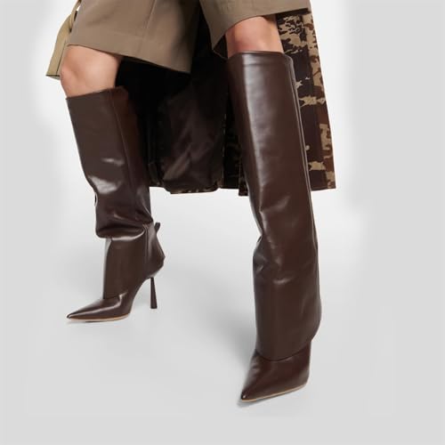 Image of Goolita Fold Over Boots For Women, Pointed Toe Stiletto Heel Knee High Boots Fashion Comfortable Slip On Tall Boots