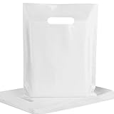 POPGIFTU White Plastic Shopping Bags with Die-Cut Handles 100 Pack - 12x15 Inches, 1.75 Mil Thick Retail Merchandise Bags Bulk for Small Business, Store, Party Favors, Trade Show & Gift Packaging