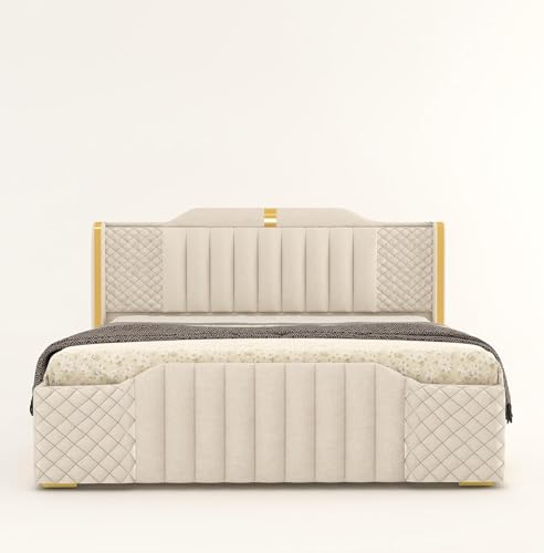 Image of Modern Upholstered King Size Bed with Storage | Double Bed with Box Storage & Upholstery Premium Fabric Headboard | Platform Bed for Bedroom & Hotel | Sheesham Wood, White, 6.5 x 6 Ft
