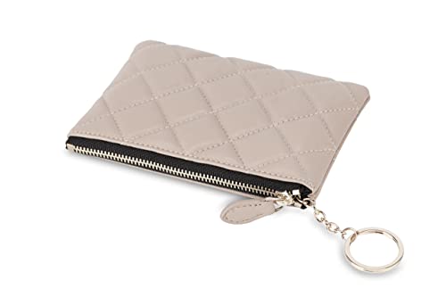 Doris&Jacky Soft Lambskin Leather Coin Purse Small Quilted Rfid Blocking Top Zipper Wallet With Keychain (Beige) #TOP7
