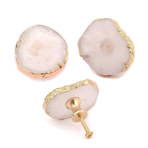 Lot de 3 boutons de placard en cristal de quartz blanc, bords dorés, poignées de placard en laiton avec pierres précieuses blanches naturelles pour tiroir,...