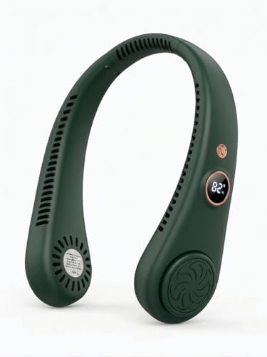 Image of Portable Neck Fan with Digital Display | 5-Speed Adjustable | 180 Cooling Bladeless Wearable Fan | Hair-Safe Hanging Design | Rechargeable Fan for Home Office Travel & Outdoor (Dark Forest Green)