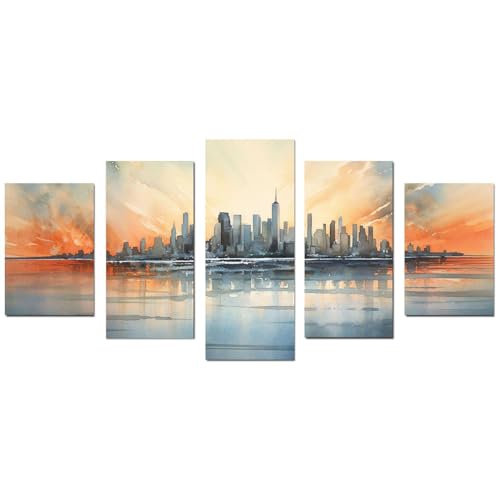 Tableaux aquarelle de réflexion de ville abstraite SHYAMIC en lot de 5 pièces sans cadre 50x100cm