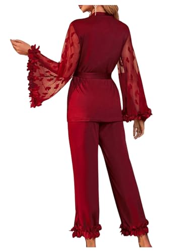 Verdusa Women's Feather Trim Silk Satin Pajamas Button Down Long Sleeve Top and Pants Lounge Set2