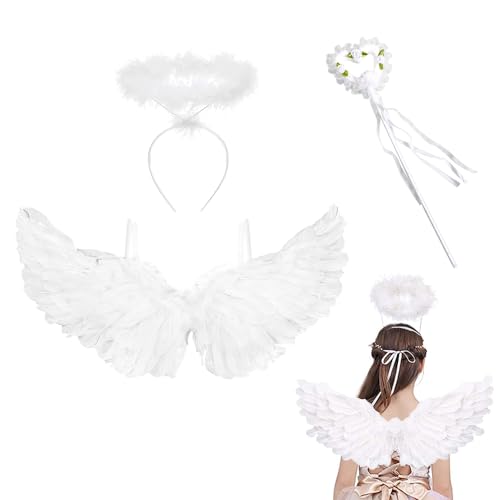 JurciCat Disfarce anjo senhoras (brancas) 3 peças asas de anjo de fato adequado para crianças adultos Halloween carnaval cosplay festa