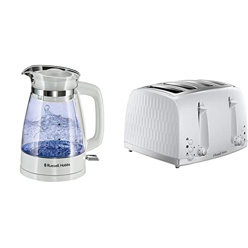 Russell Hobbs 26081 Classic Glass Kettle White & 26070 4 Slice Toaster - Contemporary Honeycomb Design with Extra Wide Slots and High Lift Feature, White
