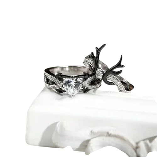SILVERWORLDSHOP 2 Ct Heart Cut Diamond Unique Deer Horn Style Bridal Wedding Band Women's Engagement Rings Set 14K Gold Plated 925 Sterling Silver Handmade Stackable Anniversary Band Set Gift For Her