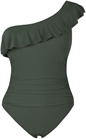 Hilor Women's One Piece Swimsuits One Shoulder Swimwear Asymmetric Ruffle Monokinis Bathing Suits Dark Army Green 14