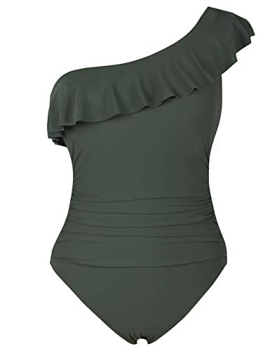 Hilor Women's One Piece Swimsuits One Shoulder Swimwear Asymmetric Ruffle Monokinis Bathing Suits Dark Army Green 14 #TOP22