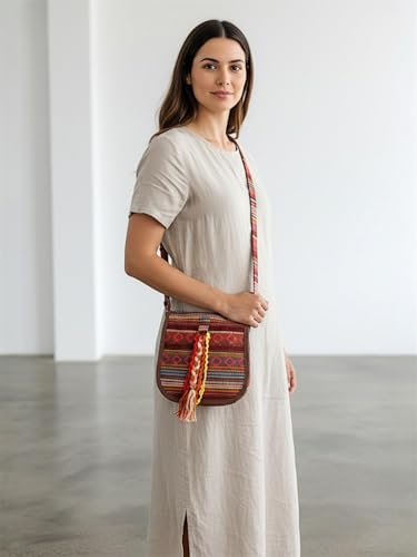 Image of The House of tara Ethnic Handloom Crossbody Sling Bag | Embellished with Tassels and Trims. Flap Closure Snap Button | Multicolour Crossbody Bag for Women | Handmade | Elegant Design