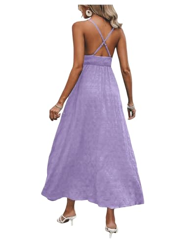 Image of Milumia Women's Summer V Neck Backless Maxi Dress Boho Spaghetti Strap A Line Flowy Beach Long Sundress