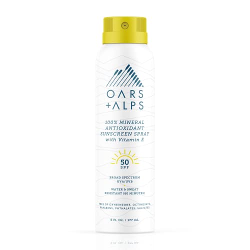 Oars + Alps Mineral Sunscreen Spray for Body, Infused with Vitamin E & Antioxidants, Water & Sweat Resistant, All Skin Types, Lightweight, Hydrating, SPF 50, 6oz