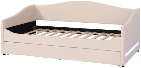 Miniatura 9 de MERITLINE Sofá cama tapizado de tamaño individual con nido y LED, marco de cama de día de forro polar con listones de madera maciza, sofá cama