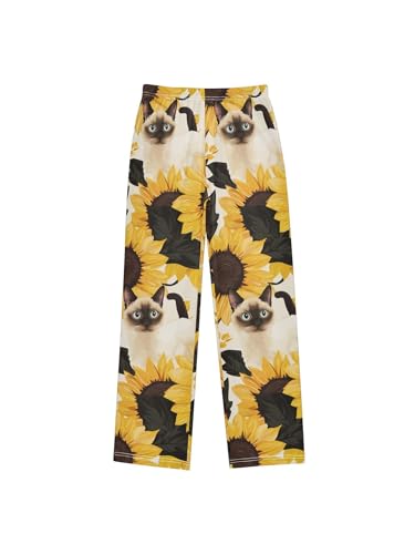 Siamese Cat and Black Yellow Sunflower Boys Pants for Kids Jogger Pants with Pockets S