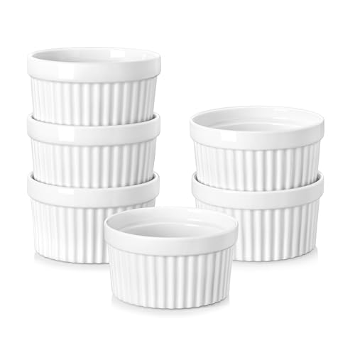 MALACASA Ramekins 4 oz Oven Safe, Porcelain Creme Brulee Ramekins Pudding Custard Cups Small Ceramic Souffle Dishes Ramakan Ramiken Ramicans Baking Bowls Set of 6, White, Series RAMEKIN-DISH