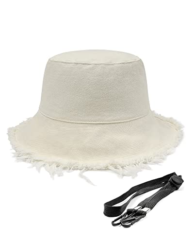 Image of Zylioo Plus Size Frayed Bucket Hat, Reversible 2 in 1 Fringe Tassel Sun Hat for Big Heads, Wide Brim UPF 50+ Fishing Hat