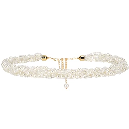 Linkidea Waist Belt for Women, 28.7-44.8 Inch Adjustable White Faux Pearl Waist Belt, Body Decorate for Dresses, Party, Casual Wear, Fashion Jewelry Accessory