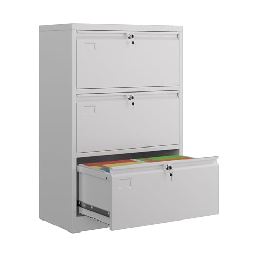 Aobabo 3 Drawer Wide Lateral File Cabinet, Metal Filing Cabinet with Lock, Suitable for Home Office School Hanging Files Letter/Legal/F4/A4 Size,White,Required-Assembly,15.87