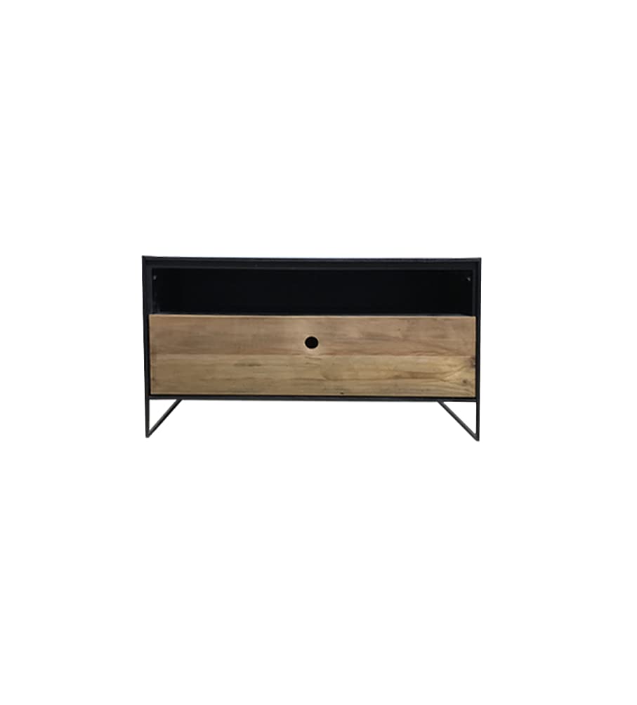 Muebletmoi - Mesa baja contemporánea de 80 cm con metal y pino reciclado con un cajón de almacenamiento, colección Chalet