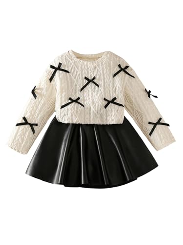 Verdusa Girl's 2 Piece Outfits Cute Bow Long Sleeve Sweater and PU Leather Pleated Mini Skirt Set Birthday Outfit Black and White 4T