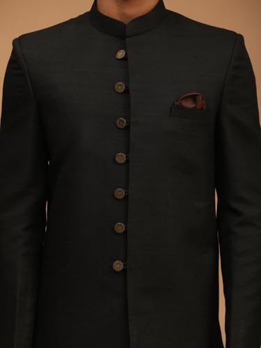 Image of VASTRAMAY Men Bangalori Silk Indo Western Sherwani with Patiala | Straight Cut Slim Fit Ethnic Wear | Mandarin Collar Wedding Outfit