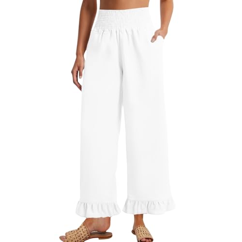 Image of Palazzo Pants for Women Linen Smocked Elastic Waist Ruffle Wide Leg Pants Summer Beach Flowy Boho Pant with Pockets
