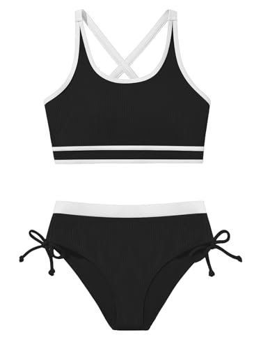 ESHOO Girls Swimsuit 2 Piece Bathing Suit Stripes Cross Swimwear with Chest Pad Teen Girls Bikini Set for 9-16 Years