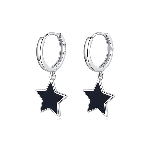 SLUYNZ Solid 925 Sterling Silver Black Star Hoop Earrings for Women Teens 1.3CM Star Hoop Dangle Earrings