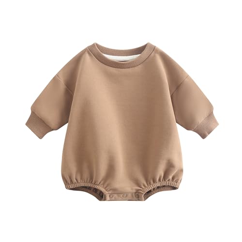 Image of Bafeicao Baby Boy Girl Sweatshirt Romper Organic Cotton Solid Color Long Sleeve Bubble Romper Oversized Warm Fall Winter