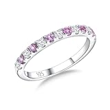 RANDES Pink Ring Half Eternity Band Sterling Silver Band Pink Sapphire Rings for Women October Birthtone Ring 2.7mm Thin Stackable Rings Size 6