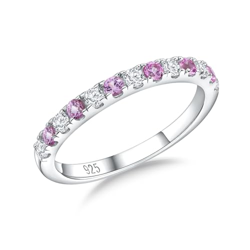RANDES Pink Ring Half Eternity Band Sterling Silver Band Pink Sapphire Rings for Women October Birthtone Ring 2.7mm Thin Stackable Rings Size 6