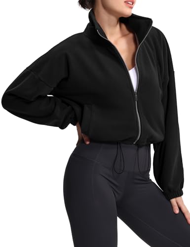 THE GYM PEOPLE Women's Fleece Cropped Jacket Full Zip Stand Collar Workout Short Sherpa Coats with Pockets Drawstring Hem