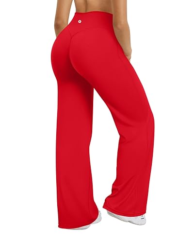 OQQ Damen Leggings Schlaghose Hohe Taille Elastische Flared Freizeit Yoga Leggings für Damen Rot