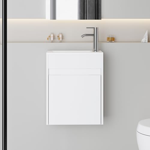 eclife 16" Small Bathroom Vanity Sink Combo, Modern Painted Wall Mounted Floating Cabinet W/Resin Basin Sink Top, Chrome Water Save Faucet & Pop Up Drain (White)