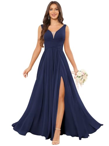 Chiffon Bridesmaid Dresses for Women - Chiffon V Neck Sleveless Ruched Formal Evening Dress with Silt