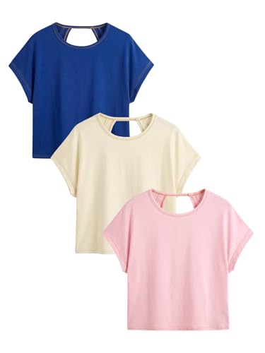 Image of RoseSeek Women's 3 Packs Open Back Tops T Shirt Criss Cross Cut Out Tee Short Sleeve Crewneck Summer Backless Tops