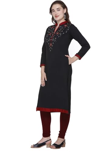 Image of Rosary Women's Winter Woolen Kurti Embroidered Straight Fit Ethnic Wear with 2 Side Pockets