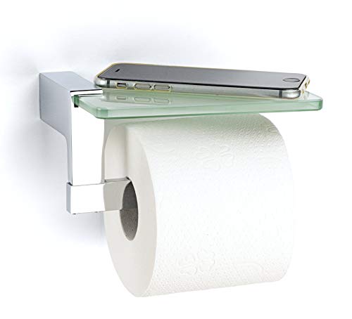 Preisvergleich Produktbild jocalvi Toilettenpapierhalter mit Ablage aus Edelstahl - Verchromt - Edles Design - Klopapierhalter mit Glasablage für Smartphone, Deko und Feuchttücher - Zur Wandmontage