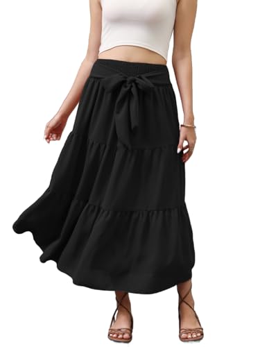 Womens Summer Boho Maxi Skirt Tie Knot Elastic High Waisted Trendy Flowy Beach Long Skirts with Pockets