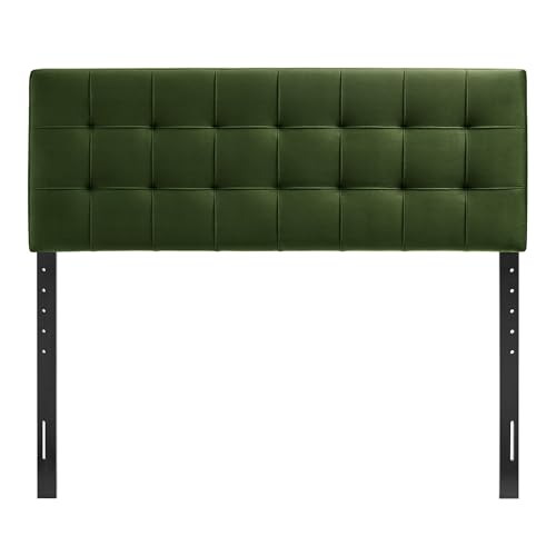 Image of Modway Lily Performance Velvet Queen Size Headboard with Biscuit Tufting in Moss Green - Stain-Resistant Upholstery with Padded Design and 5 Height-Adjustable Mounts