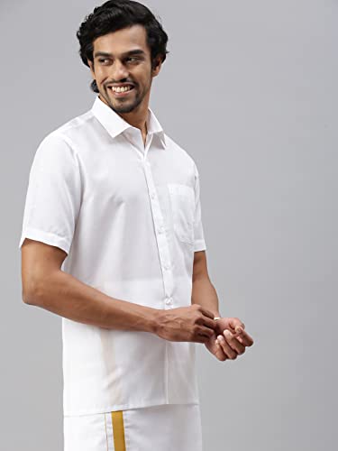 Image of RAMRAJ COTTON Men Solid Regular Fit Half Sleeve Ethnic White Cotton Blend Shirt