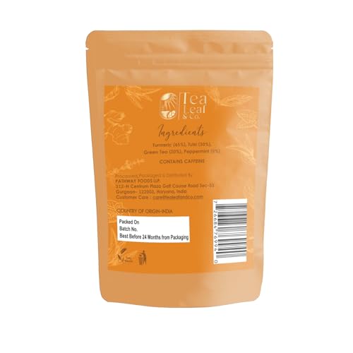 Image of Tealeaf & Co. Turmeric Tulsi Holy Basil Green Tea Loose Leaf - Turmeric, Tulsi & Peppermint Tea Blended with Fresh Herbs & Spices - 50 Servings, Low Caffeine & Gluten Free (3.52oz /100gm)