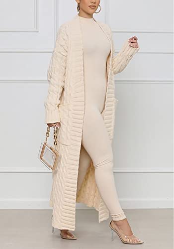 NRTHYE Women's Long Sleeve Open Front Cable Knit Long Cardigan Sweater with Pockets Loose Sweater Outwear Coats2