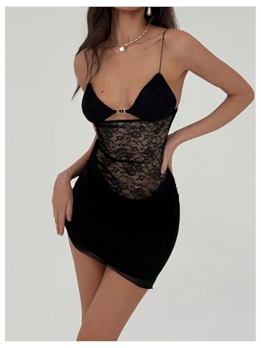 Milumia Women's Contrast Lace Cut Out Cami Dress Sexy See Through V Neck Backless Mini Dresses2