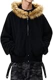 ITHAFE Y2k Zip Up Hoodie Fur Hooded Jacket Warm Winter Coat for Men Fur Collar Hoodies Streetwear Unisex Streetwear (Black,Large)
